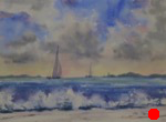 seascape, beach, surf, waves, ocean, sea, boat, sailboat, original watercolor painting, oberst